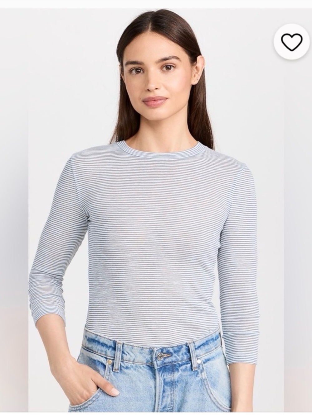 VINCE Light Blue & White Striped 3/4 Sleeve Crewneck